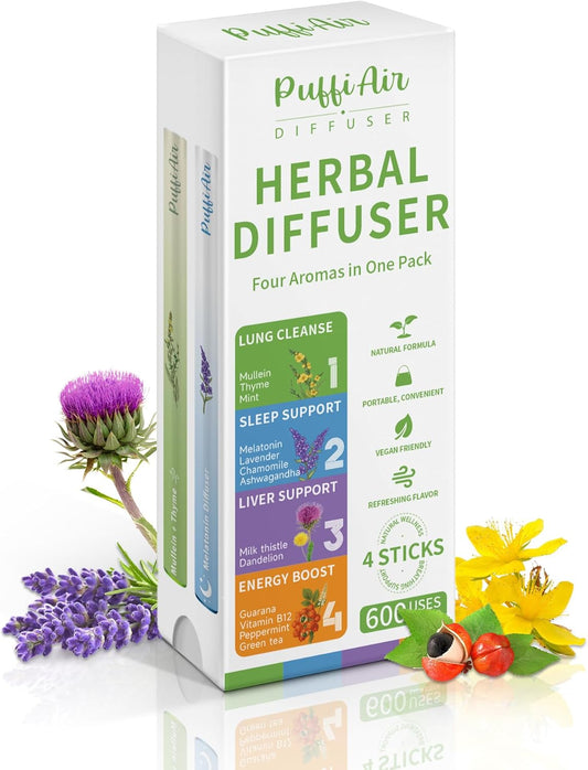 4-in-1 Wellness Herbal Diffuser Bundle | Natural Plant-Based Portable Aromatherapy for Energy, Sleep, Liver & Lung Support | 600 Uses Per Stick, Pocket-Sized Design