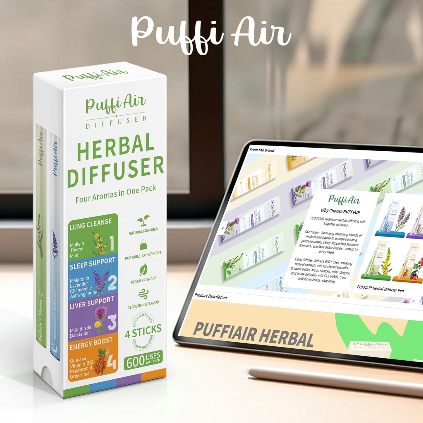 4-in-1 Wellness Herbal Diffuser Bundle | Natural Plant-Based Portable Aromatherapy for Energy, Sleep, Liver & Lung Support | 600 Uses Per Stick, Pocket-Sized Design