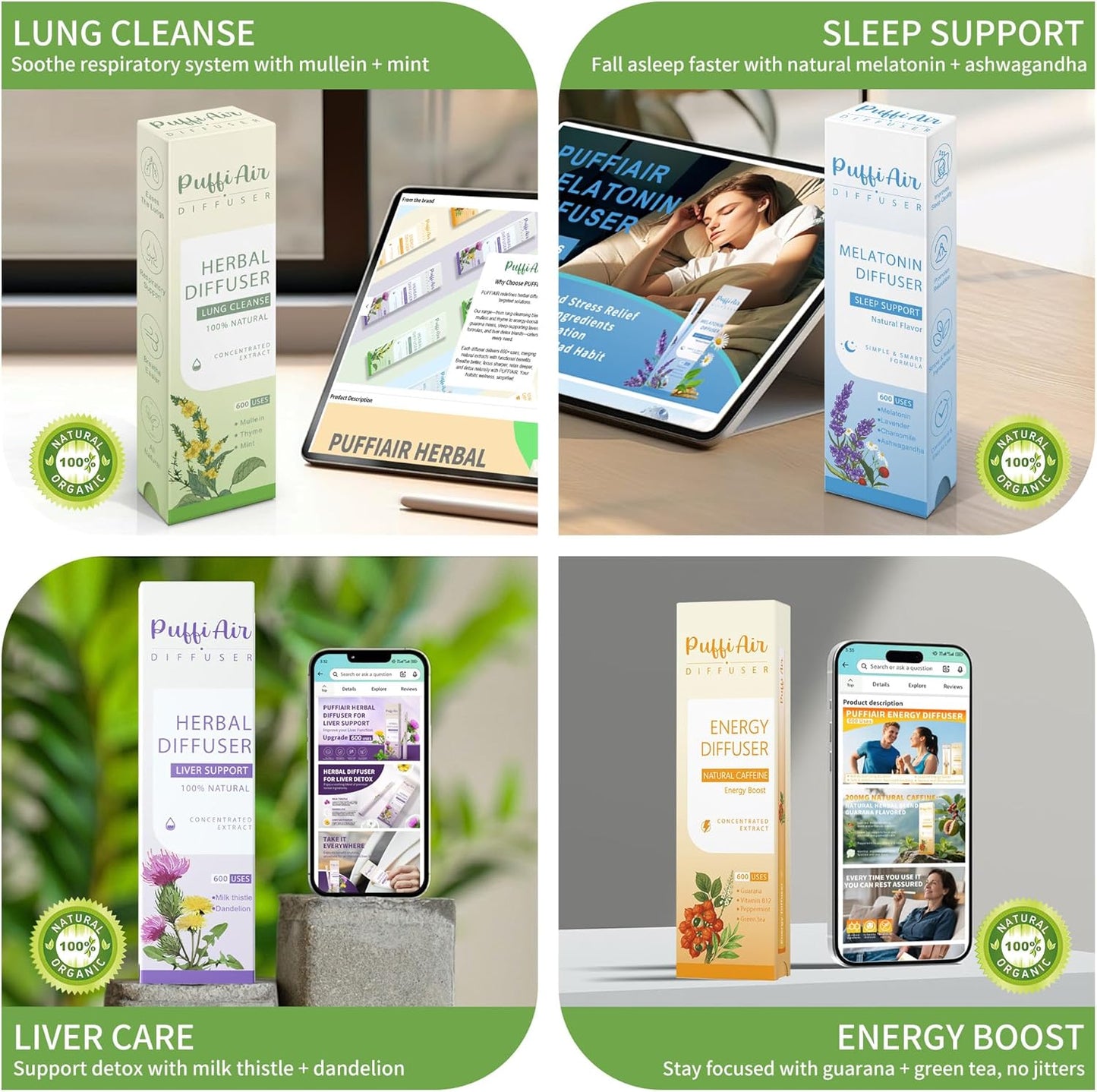 4-in-1 Wellness Herbal Diffuser Bundle | Natural Plant-Based Portable Aromatherapy for Energy, Sleep, Liver & Lung Support | 600 Uses Per Stick, Pocket-Sized Design