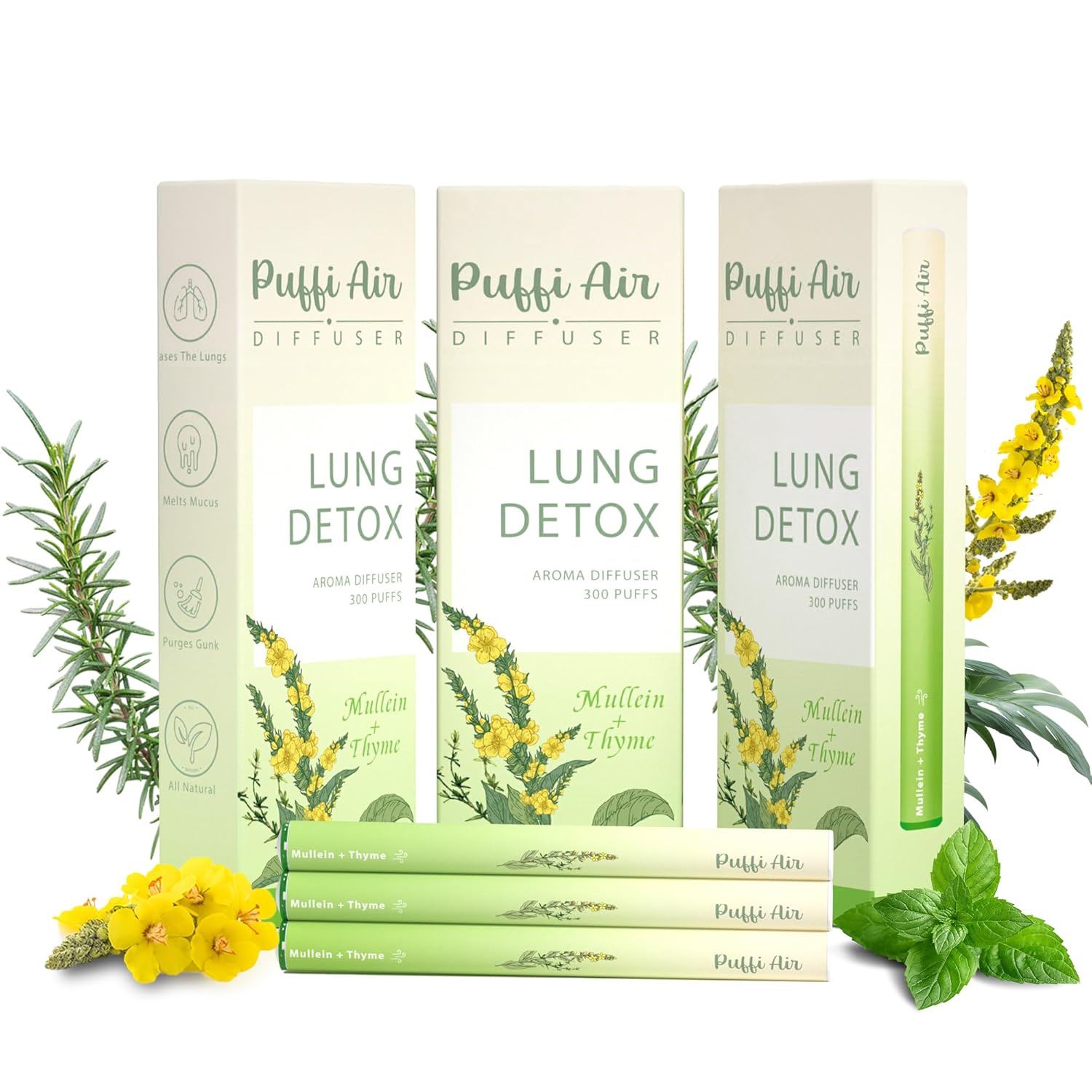 Herbal Diffuser Pen with Extracts of Mullein, Thyme and Mint for Lung Cleansing, Breathing Improvement, Oral Air Freshening and Quitting Bad Habit - 300 Uses