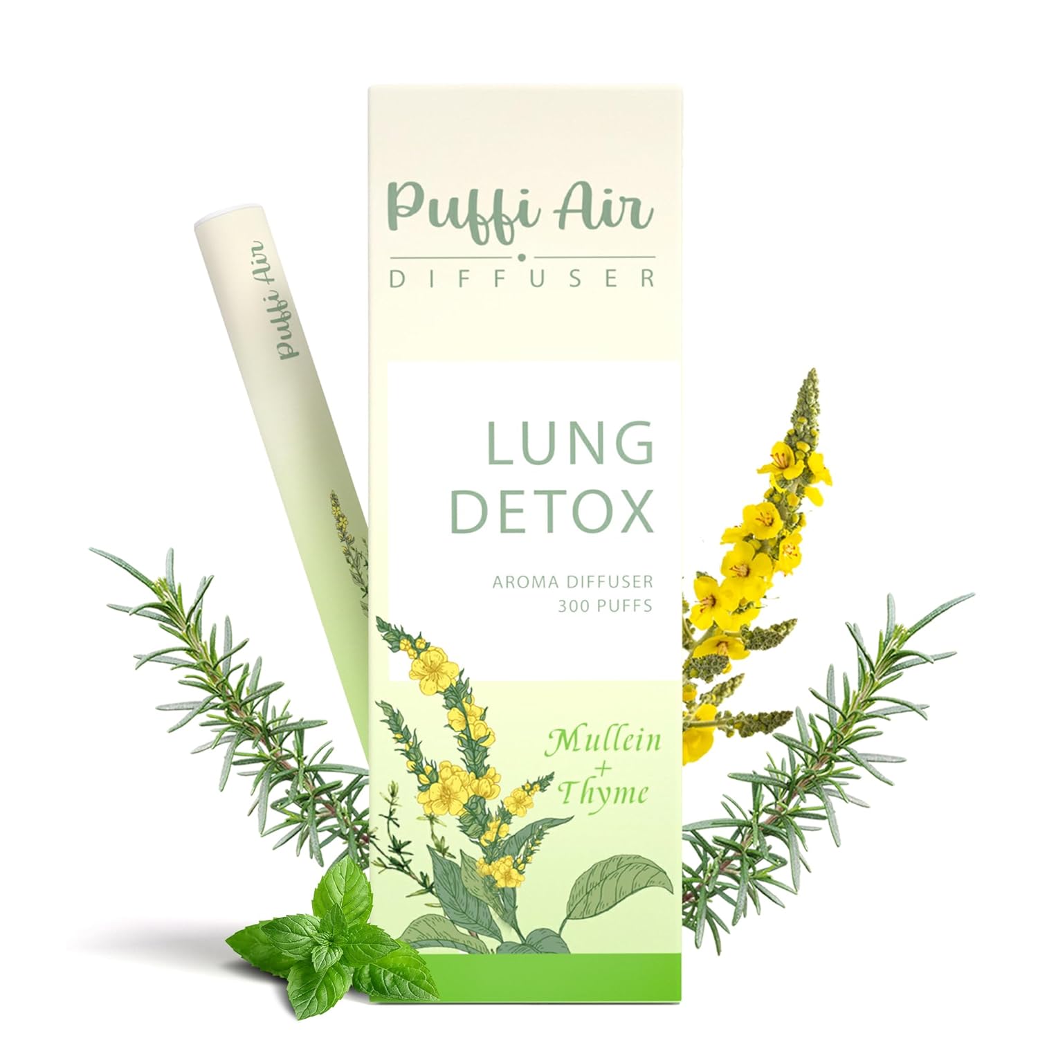 Herbal Diffuser Pen with Extracts of Mullein, Thyme and Mint for Lung Cleansing, Breathing Improvement, Oral Air Freshening and Quitting Bad Habit - 300 Uses