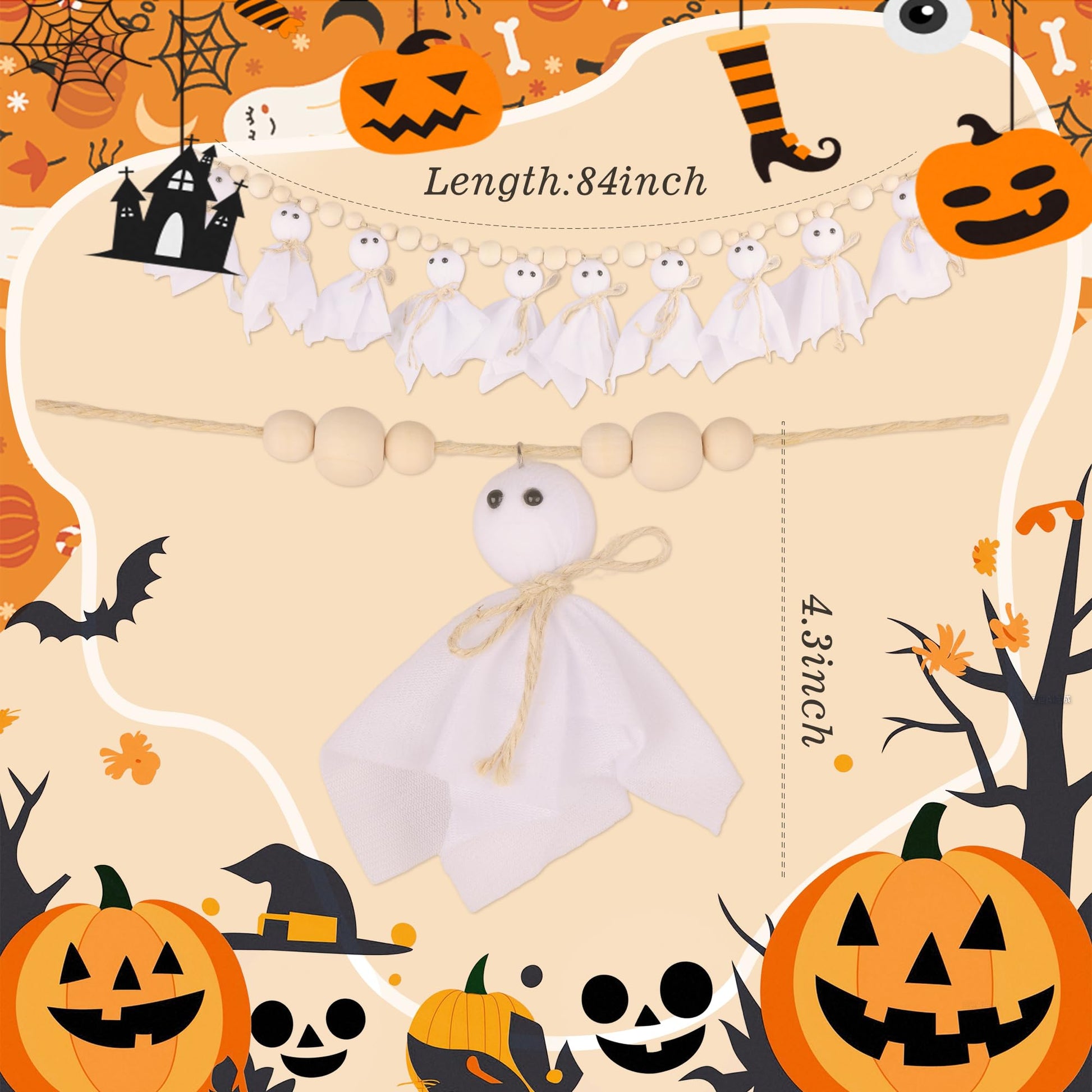 7Ft Halloween Ghost Garland with Wooden Beads