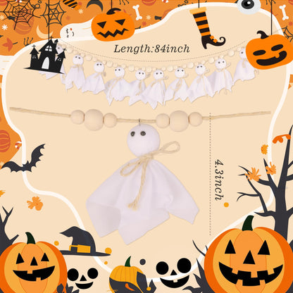7Ft Halloween Ghost Garland with Wooden Beads