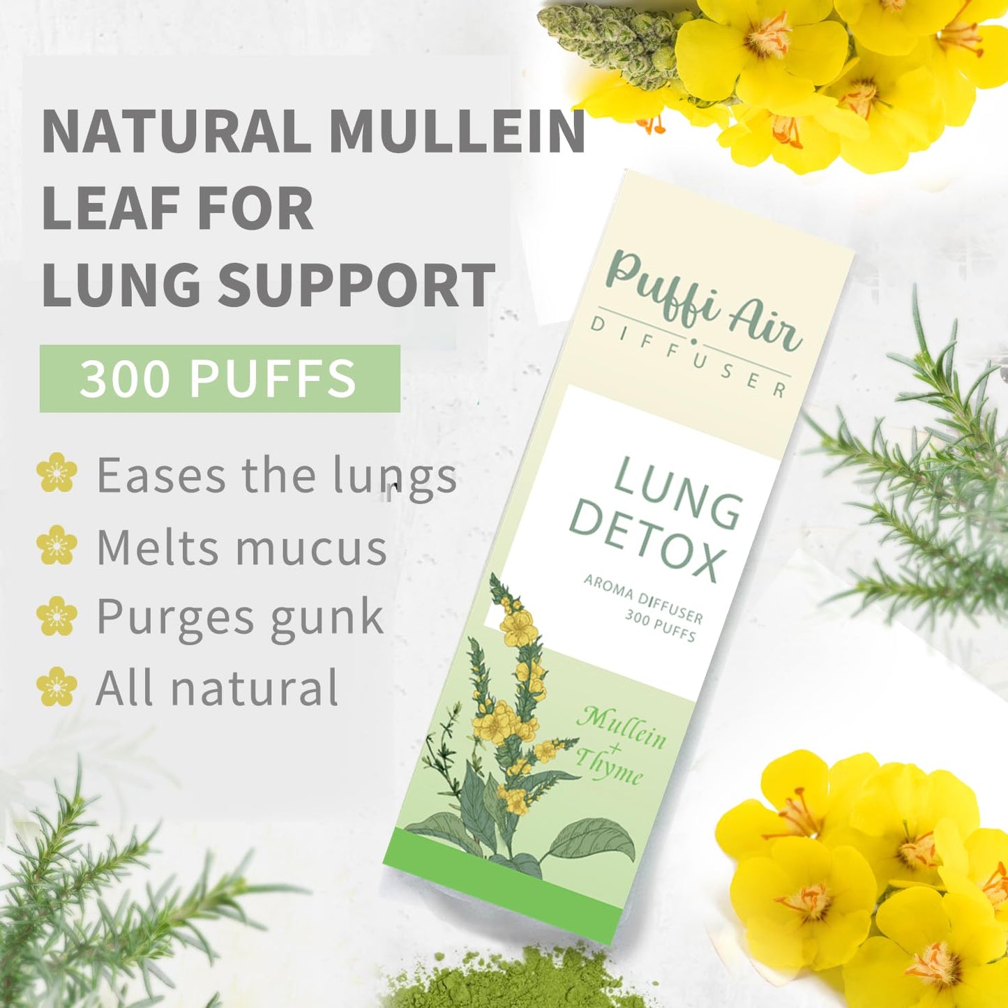 Herbal Diffuser Pen with Extracts of Mullein, Thyme and Mint for Lung Cleansing, Breathing Improvement, Oral Air Freshening and Quitting Bad Habit - 300 Uses