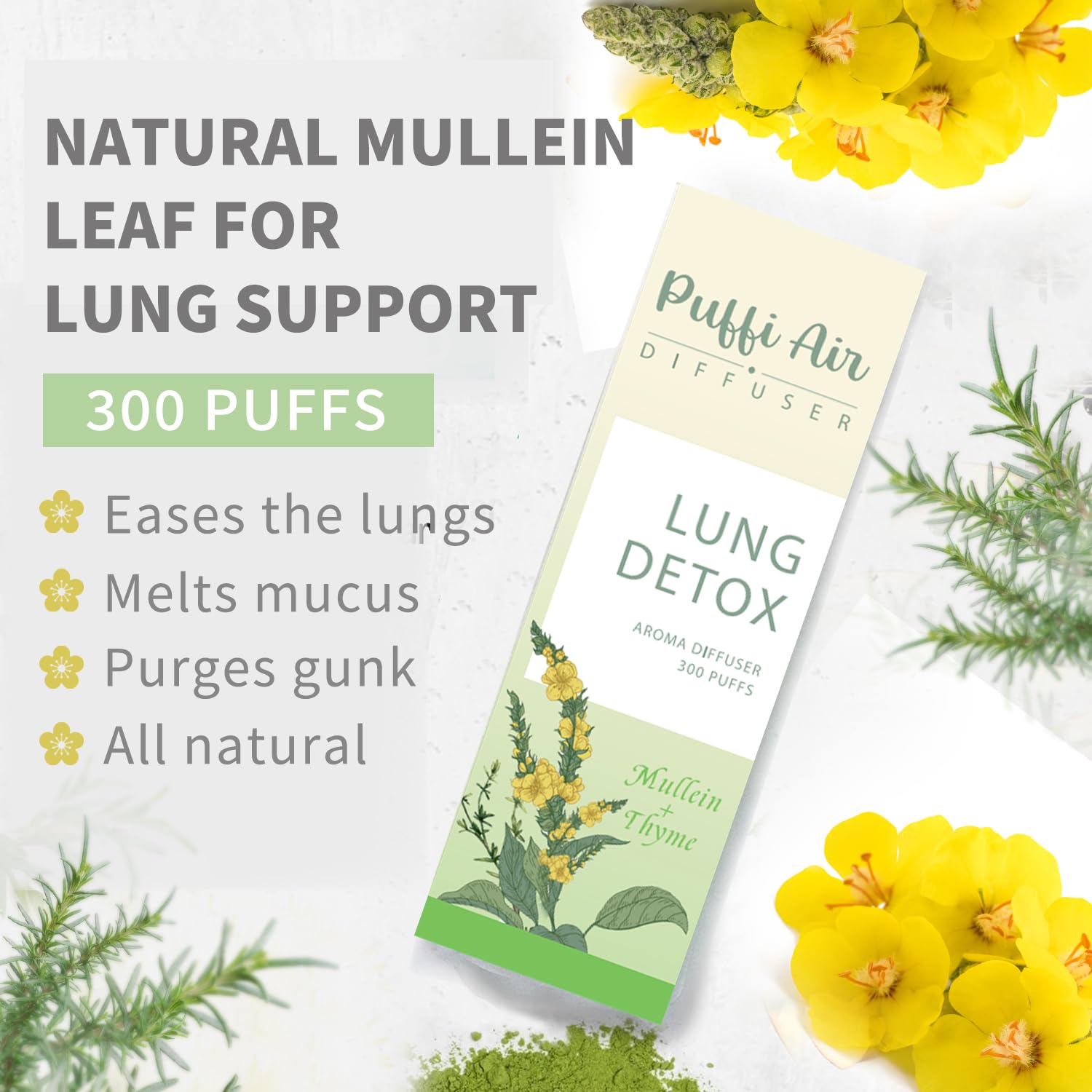 Herbal Diffuser Pen with Extracts of Mullein, Thyme and Mint for Lung Cleansing, Breathing Improvement, Oral Air Freshening and Quitting Bad Habit - 300 Uses