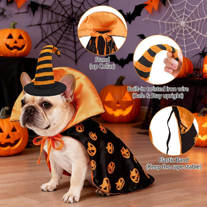 Pumpkin Cape & Hat Set for Small to Large Pets, Funny Holiday
