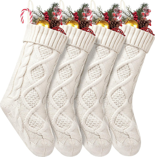 Fesciory 4-Pack Christmas Stockings – 18" Cable Knit, Ivory